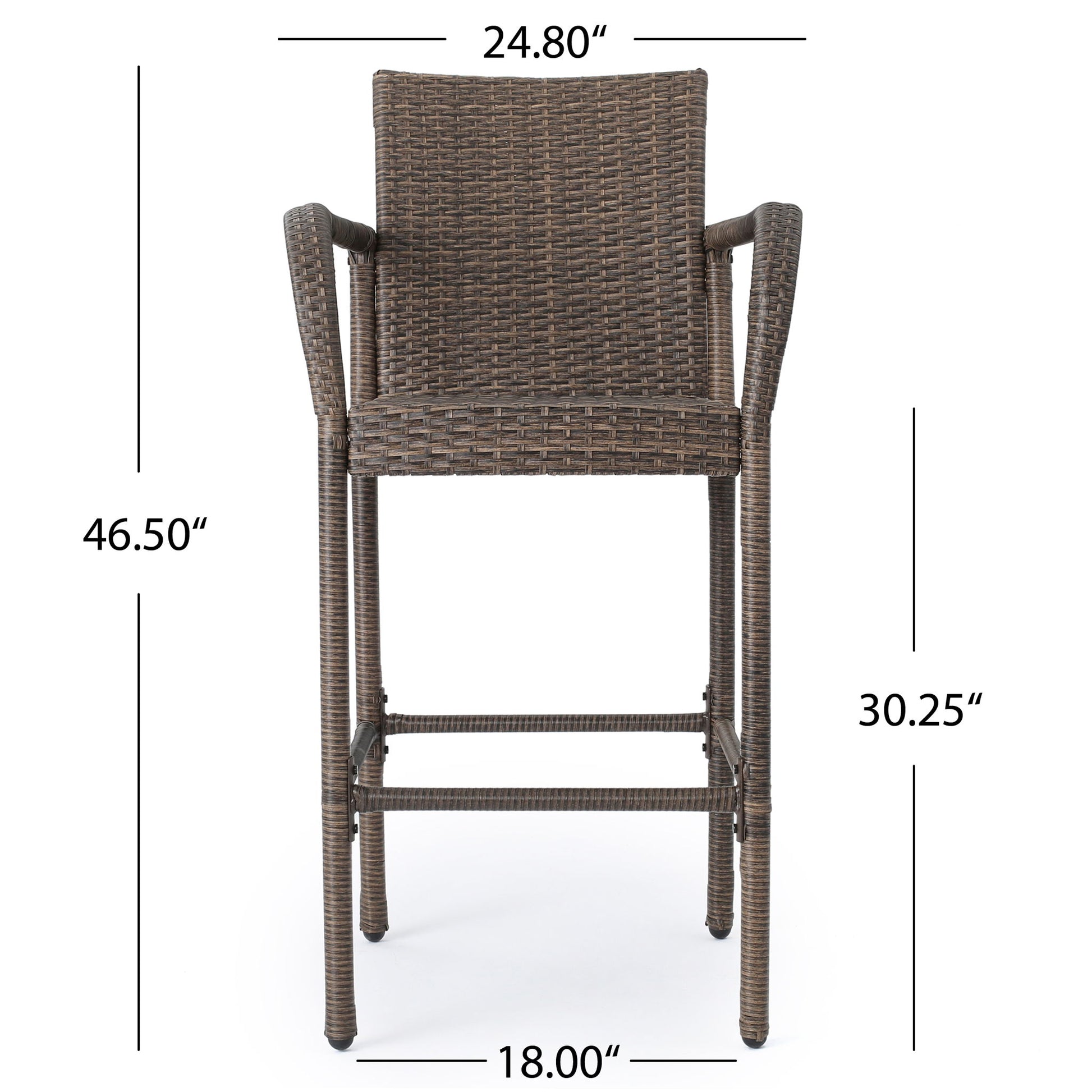 The Outdoor Wicker Barstools With Rattan And Iron Frame features armrests, a backrest, and measures 24.80" wide, 18.00" deep, 46.50" tall with a seat height of 30.25", shown from the front.