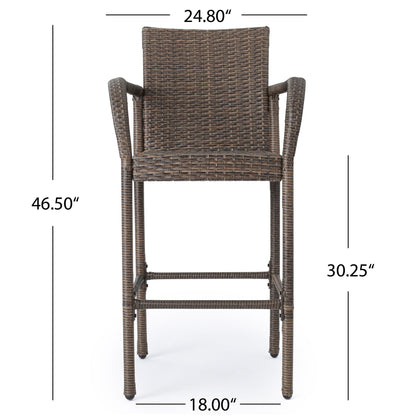 The Outdoor Wicker Barstools With Rattan And Iron Frame features armrests, a backrest, and measures 24.80" wide, 18.00" deep, 46.50" tall with a seat height of 30.25", shown from the front.