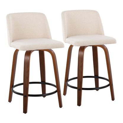 The Toriano set includes two mid-century modern counter stools featuring beige cushioned seats and backs, bentwood legs with a walnut finish, and a black metal circular footrest.