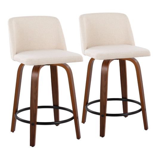 The Toriano set includes two mid-century modern counter stools featuring beige cushioned seats and backs, bentwood legs with a walnut finish, and a black metal circular footrest.