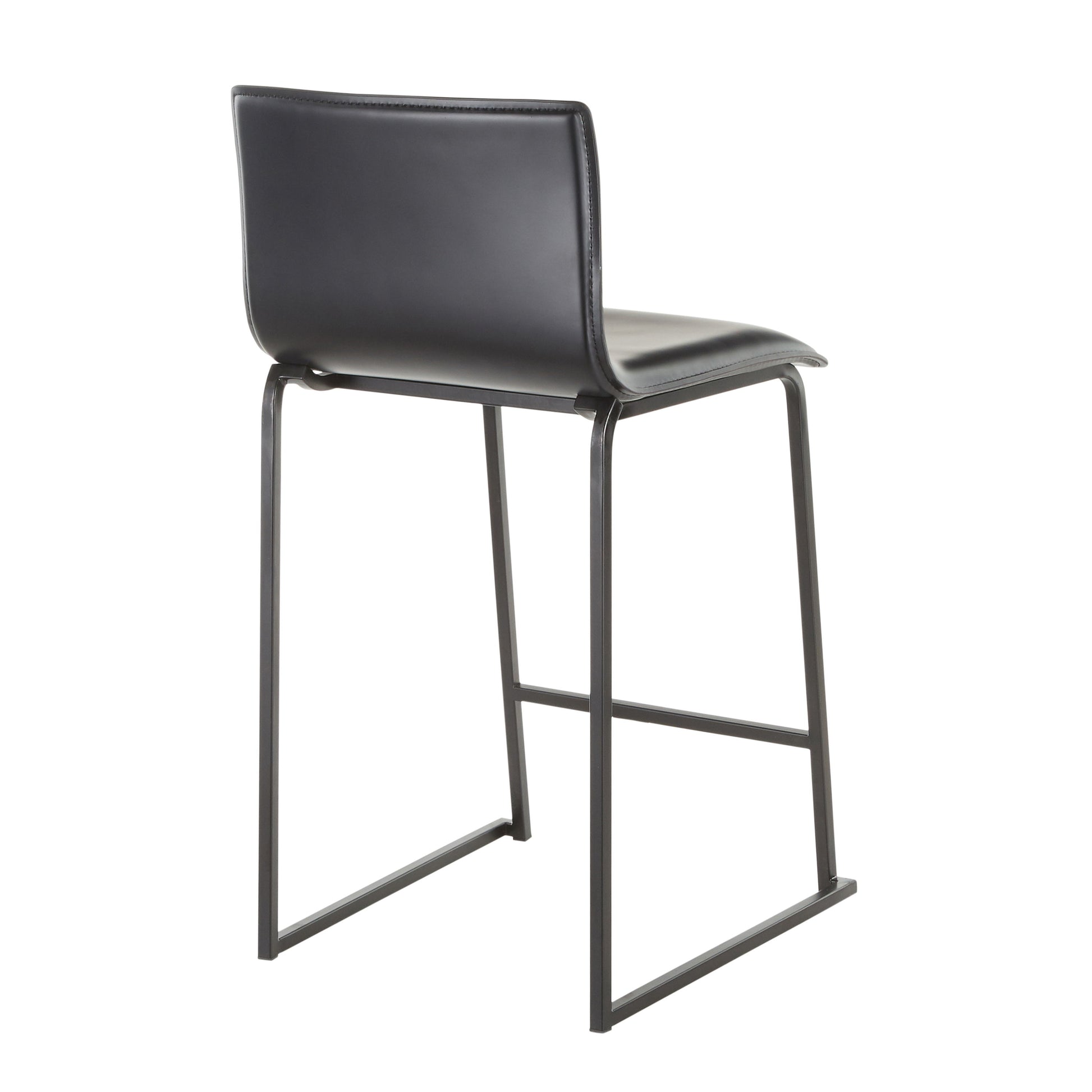 The Mara Upholstered Contemporary Counter Stool set includes two tall, sleek bar stools with black leather seats and backrests. Featuring minimalist metal legs and footrests, their slightly angled design offers an industrial, modern aesthetic.