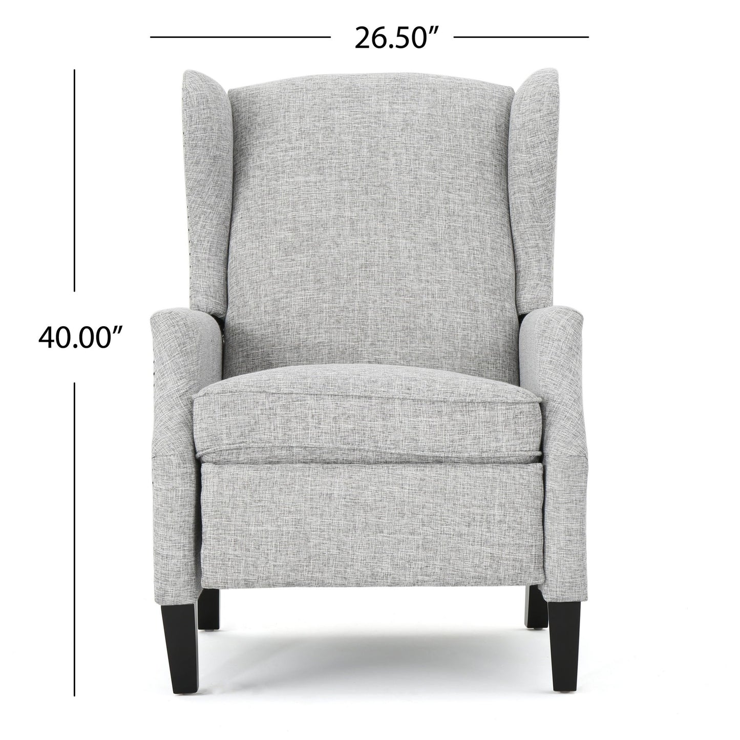 Front view of the Westeros Wing Back Fabric Upholstered Recliner in light gray with dark wooden legs, measuring 26.50 inches wide and 40.00 inches tall.