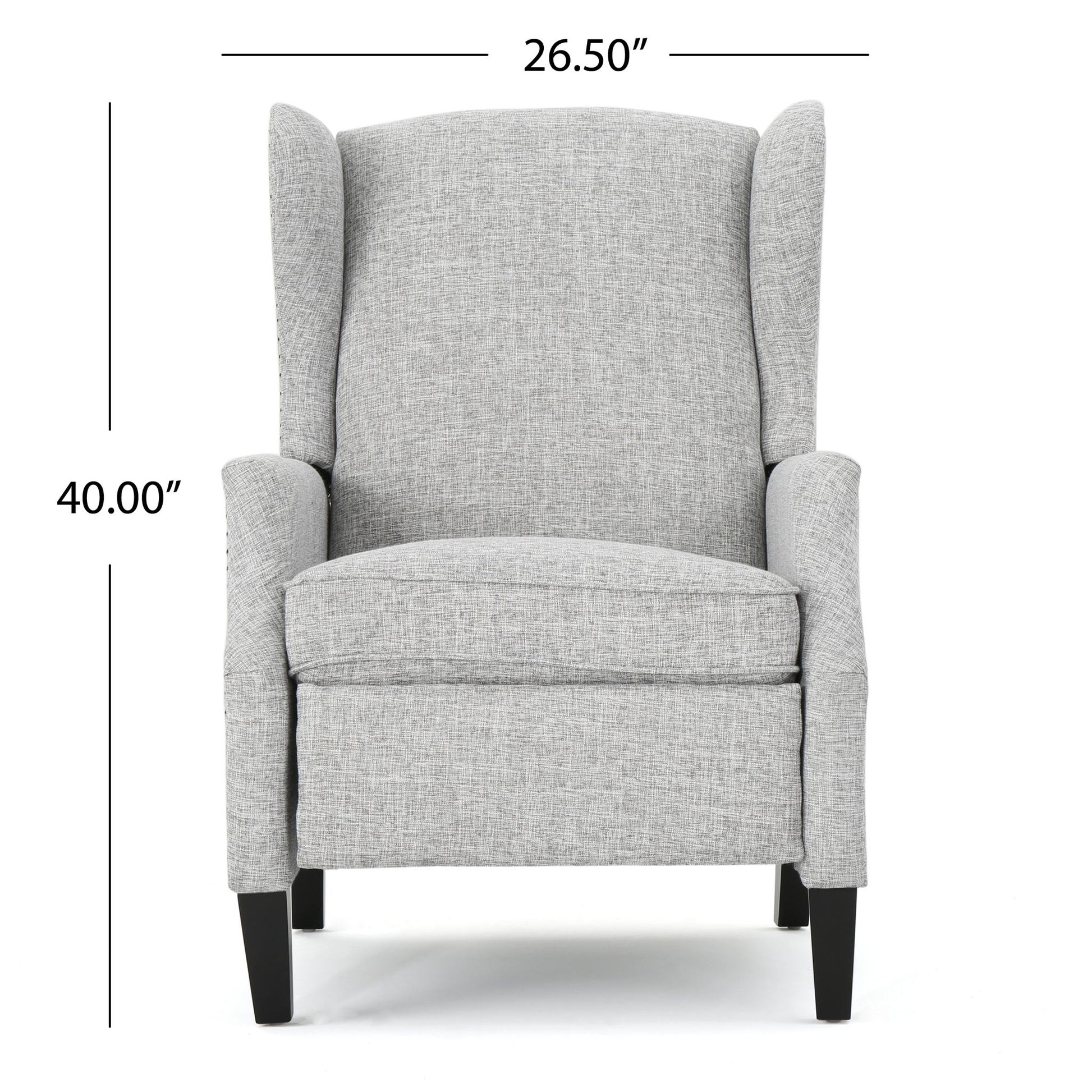 Front view of the Westeros Wing Back Fabric Upholstered Recliner in light gray with dark wooden legs, measuring 26.50 inches wide and 40.00 inches tall.