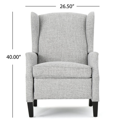 Front view of the Westeros Wing Back Fabric Upholstered Recliner in light gray with dark wooden legs, measuring 26.50 inches wide and 40.00 inches tall.