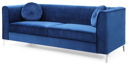 The Delray Micro Suede Sofa features modern blue upholstery, vertical stitching, silver metal legs, and includes two round matching blue throw pillows at each end.