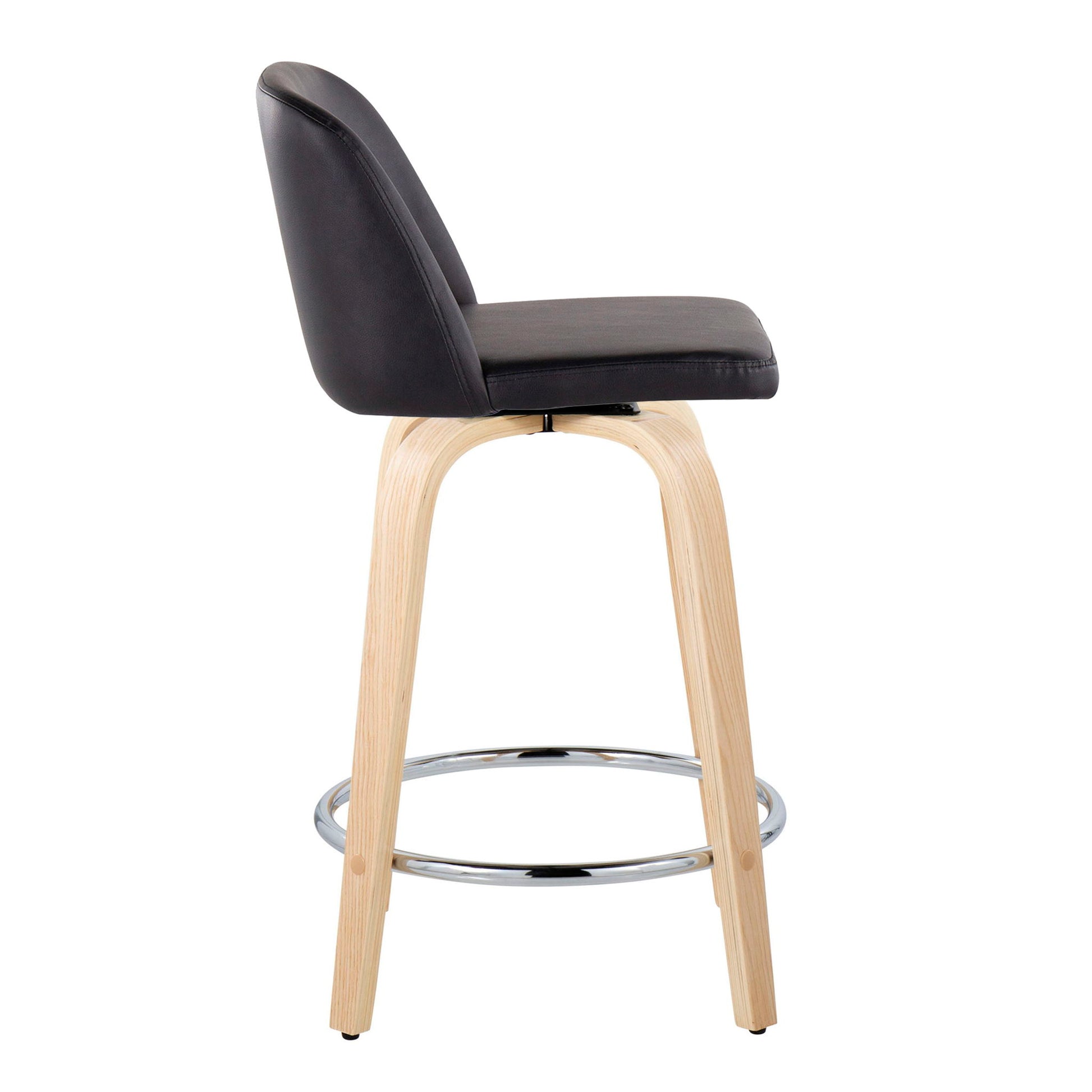 The Toriano Contemporary Fixed Height Counter Stool features a black cushioned seat and backrest, light wood legs, and a round chrome footrest. Shown in a side view against a white background. Sold as a set of 2 with swivel function.