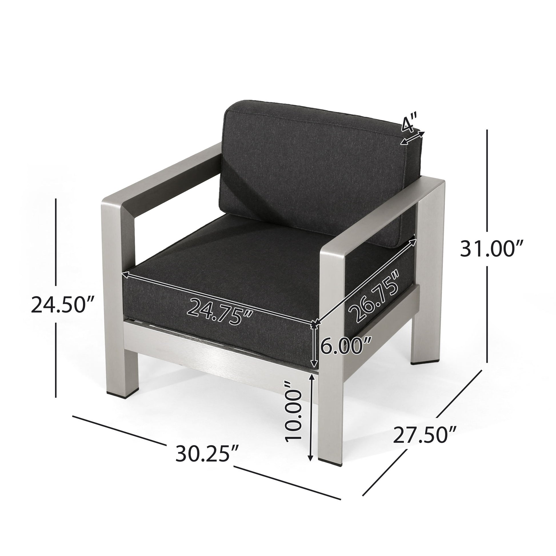 The Aviara - Luxurious Outdoor Club Chair features a modern metal frame, dark cushions, and dimensions: height 31 in, arm height 24.5 in, seat depth 26.75 in, seat width 24.75 in, seat height 16 in (with cushion), and overall size 30.25 x 27.5 in.