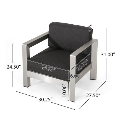 The Aviara - Luxurious Outdoor Club Chair features a modern metal frame, dark cushions, and dimensions: height 31 in, arm height 24.5 in, seat depth 26.75 in, seat width 24.75 in, seat height 16 in (with cushion), and overall size 30.25 x 27.5 in.