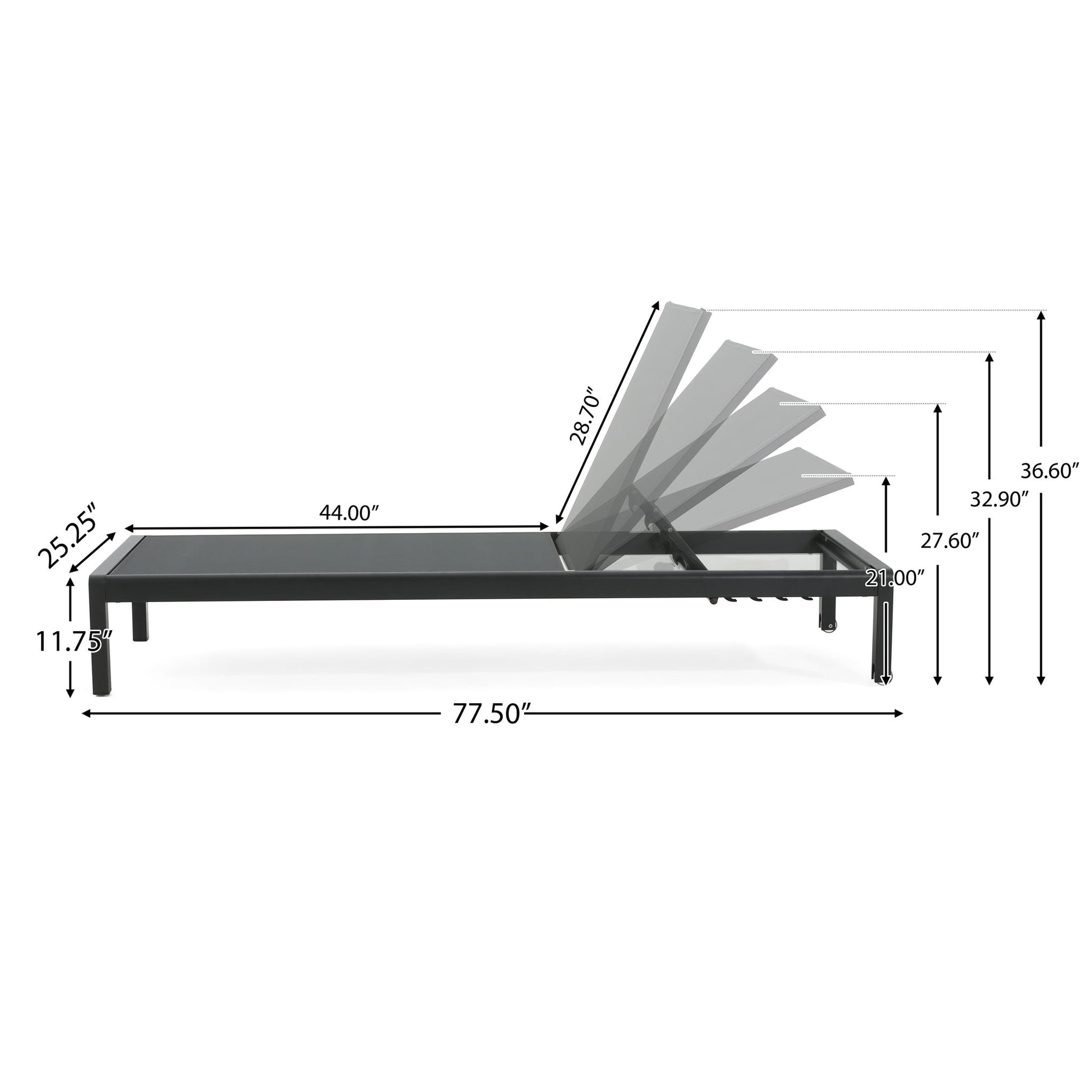 Side view of the Outdoor Patio Chaise Lounge With 5 Reclining Positions, showing dimensions: 77.5" length, 44" seat, seat height 11.75", adjustable backrest from 25.25" to 36.90", and foot section height of 21".