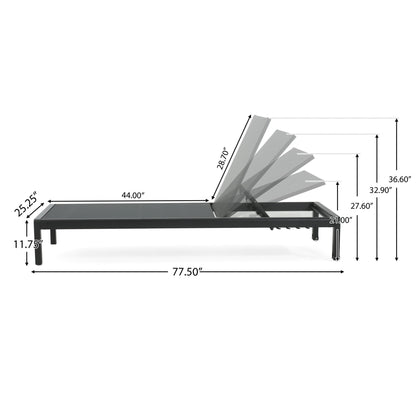 Side view of the Outdoor Patio Chaise Lounge With 5 Reclining Positions, showing dimensions: 77.5" length, 44" seat, seat height 11.75", adjustable backrest from 25.25" to 36.90", and foot section height of 21".