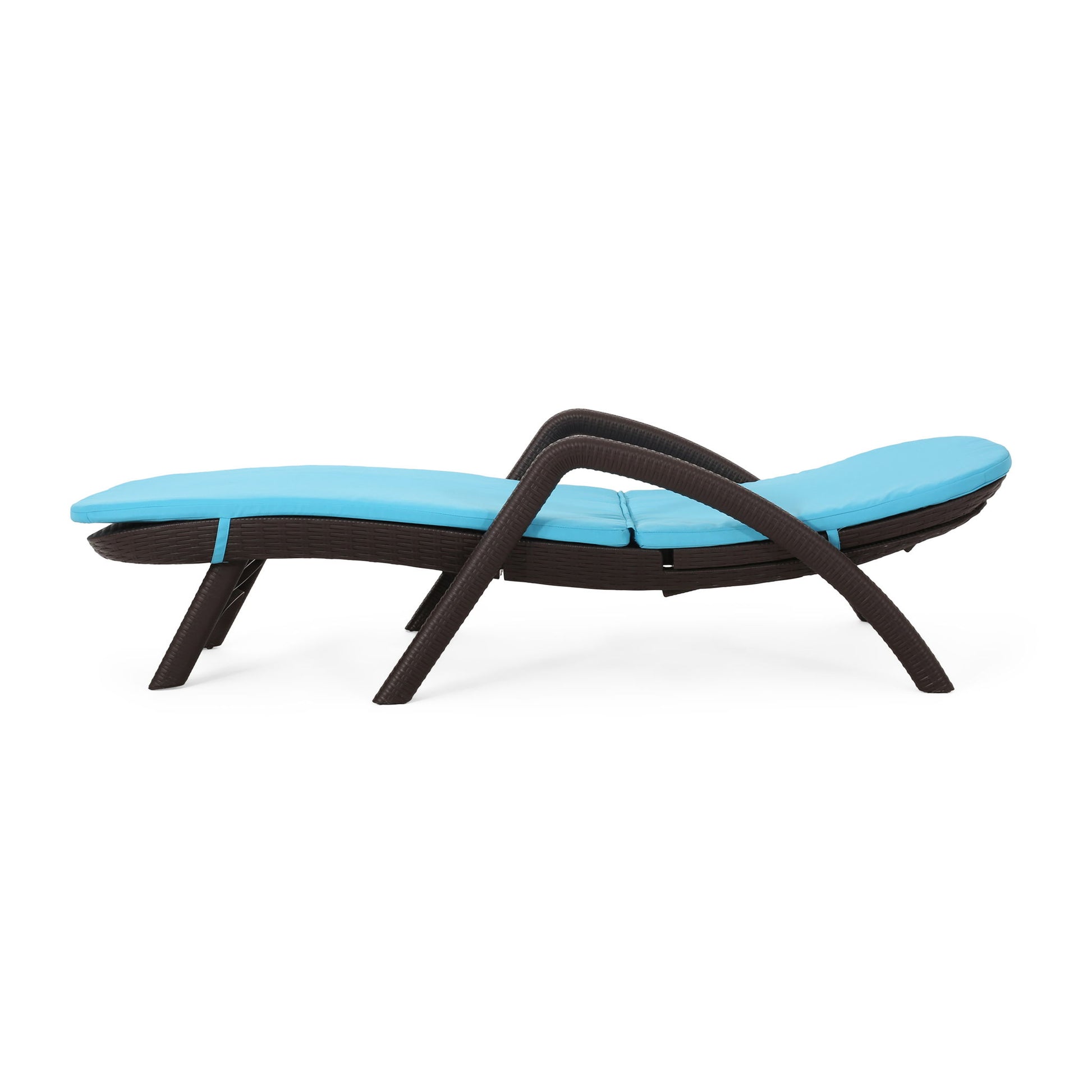 The Mikael - Chaise Lounge With Cushion features a dark brown woven frame and a bright blue cushion, displayed in a reclined position against a white background.