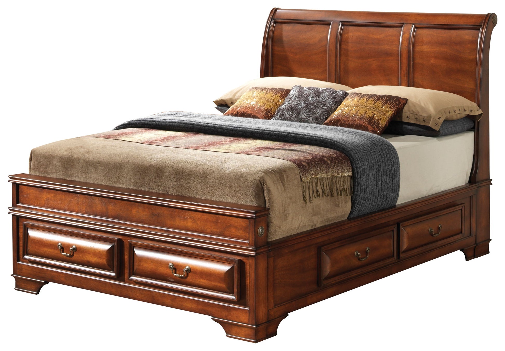 The LaVita - Storage Bed features a dark wood finish, panel headboard, under-bed storage drawers, and is styled with neatly arranged neutral-colored pillows and blankets.