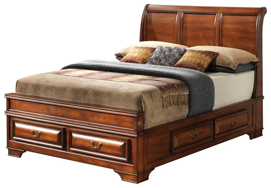 The LaVita - Storage Bed features a dark wood finish, panel headboard, under-bed storage drawers, and is styled with neatly arranged neutral-colored pillows and blankets.