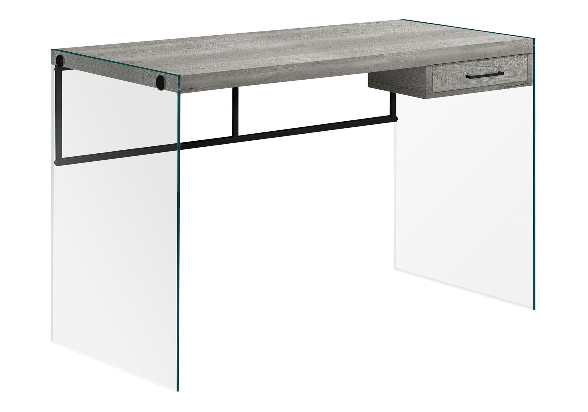The Contemporary Design Computer Desk For Home Office features a wooden top, storage drawers, two clear glass side panels, and black metal accents for a modern look.
