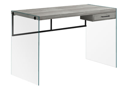 The Contemporary Design Computer Desk For Home Office features a wooden top, storage drawers, two clear glass side panels, and black metal accents for a modern look.
