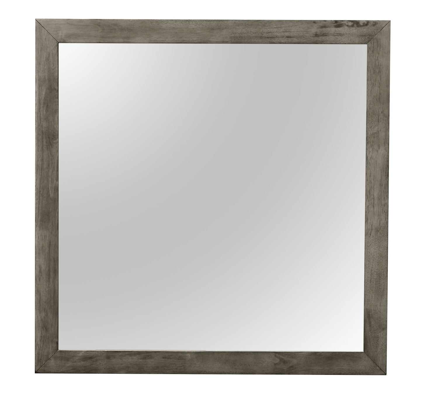 The Modern Design Transitional Wall Mirror features a square shape with a wide, rustic wooden frame in grayish-brown, reflecting a neutral background.