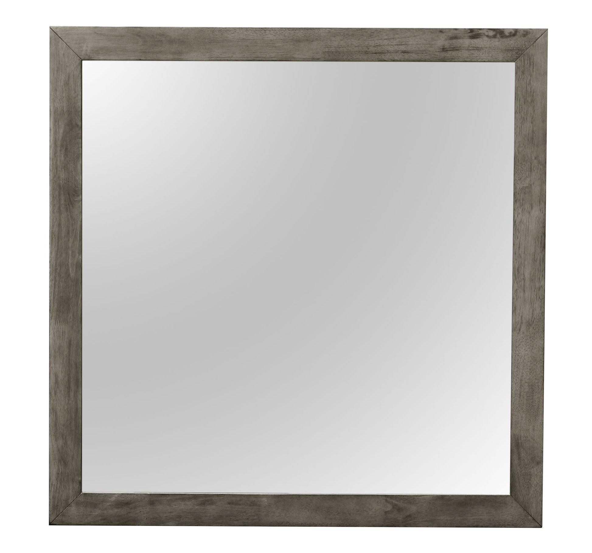 The Modern Design Transitional Wall Mirror features a square shape with a wide, rustic wooden frame in grayish-brown, reflecting a neutral background.