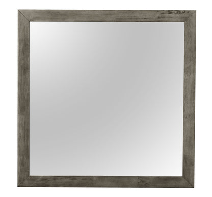 The Modern Design Transitional Wall Mirror features a square shape with a wide, rustic wooden frame in grayish-brown, reflecting a neutral background.