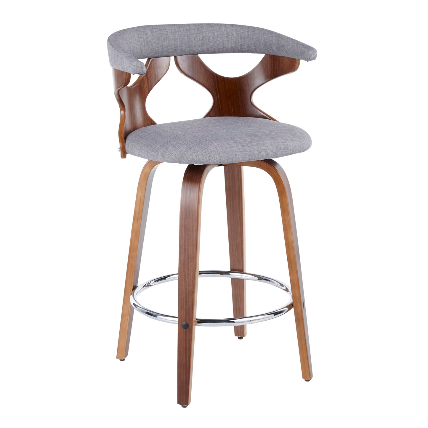 The Gardenia - Mid Century Modern Counter Stool (Set of 2) features a curved wooden backrest with cutout detailing, a gray cushioned seat, angled wooden legs, and a circular chrome footrest for a stylish contemporary look.