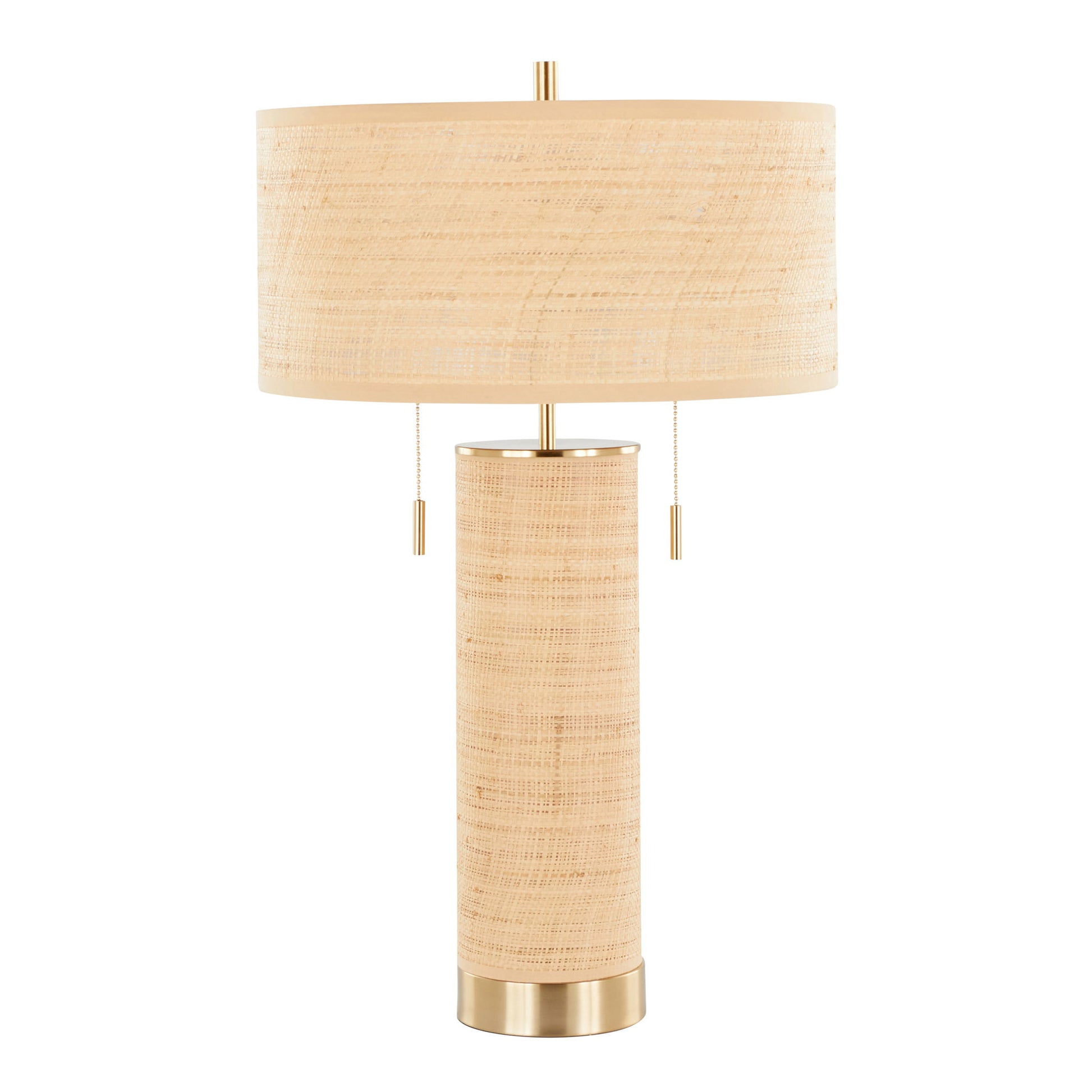 The Cylinder - Rattan Contemporary Rattan Table Lamp features a beige woven cylindrical base, a matching drum lampshade, gold accents, and dual pull chains.
