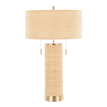 The Cylinder - Rattan Contemporary Rattan Table Lamp features a beige woven cylindrical base, a matching drum lampshade, gold accents, and dual pull chains.