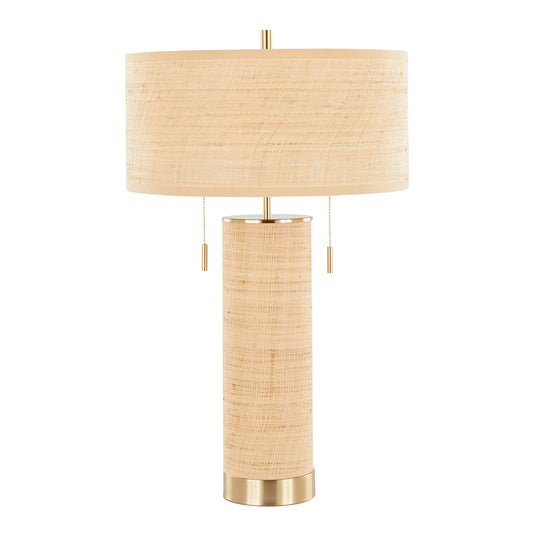 The Cylinder - Rattan Contemporary Rattan Table Lamp features a beige woven cylindrical base, a matching drum lampshade, gold accents, and dual pull chains.
