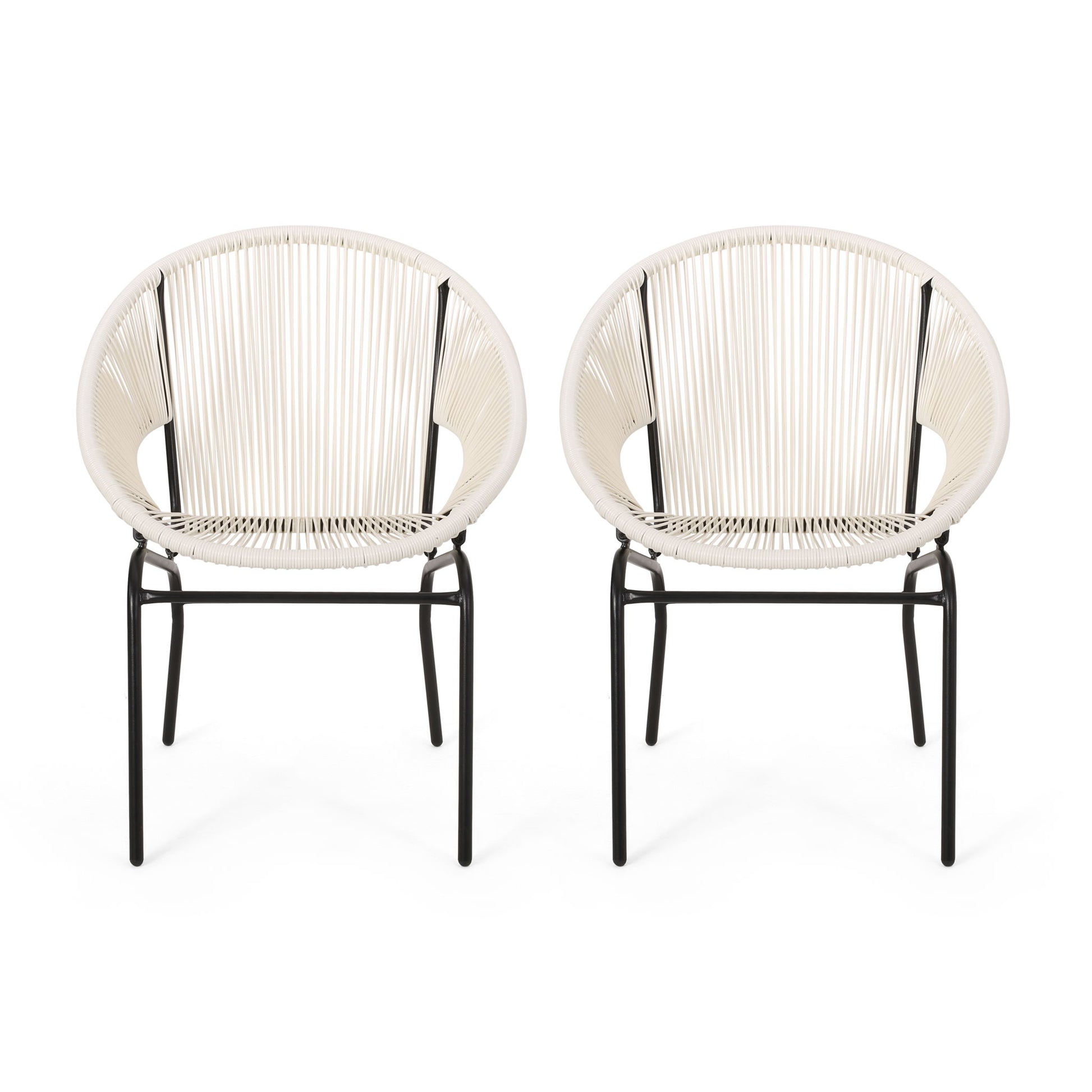 Two Nusa - Modern Chair Outdoor Seating accents with circular white woven seats and black metal legs, arranged side by side against a white background.