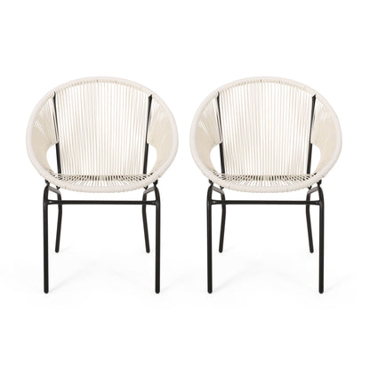 Two Nusa - Modern Chair Outdoor Seating accents with circular white woven seats and black metal legs, arranged side by side against a white background.