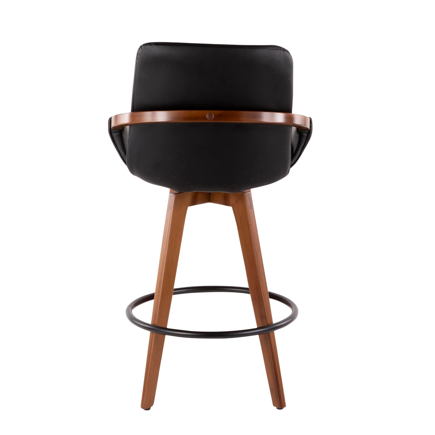 The Cosmo - Mid Century Counter Stool features a black cushioned backrest, wooden legs, a wooden circular back support, and a black metal footrest. Shown from the rear view.