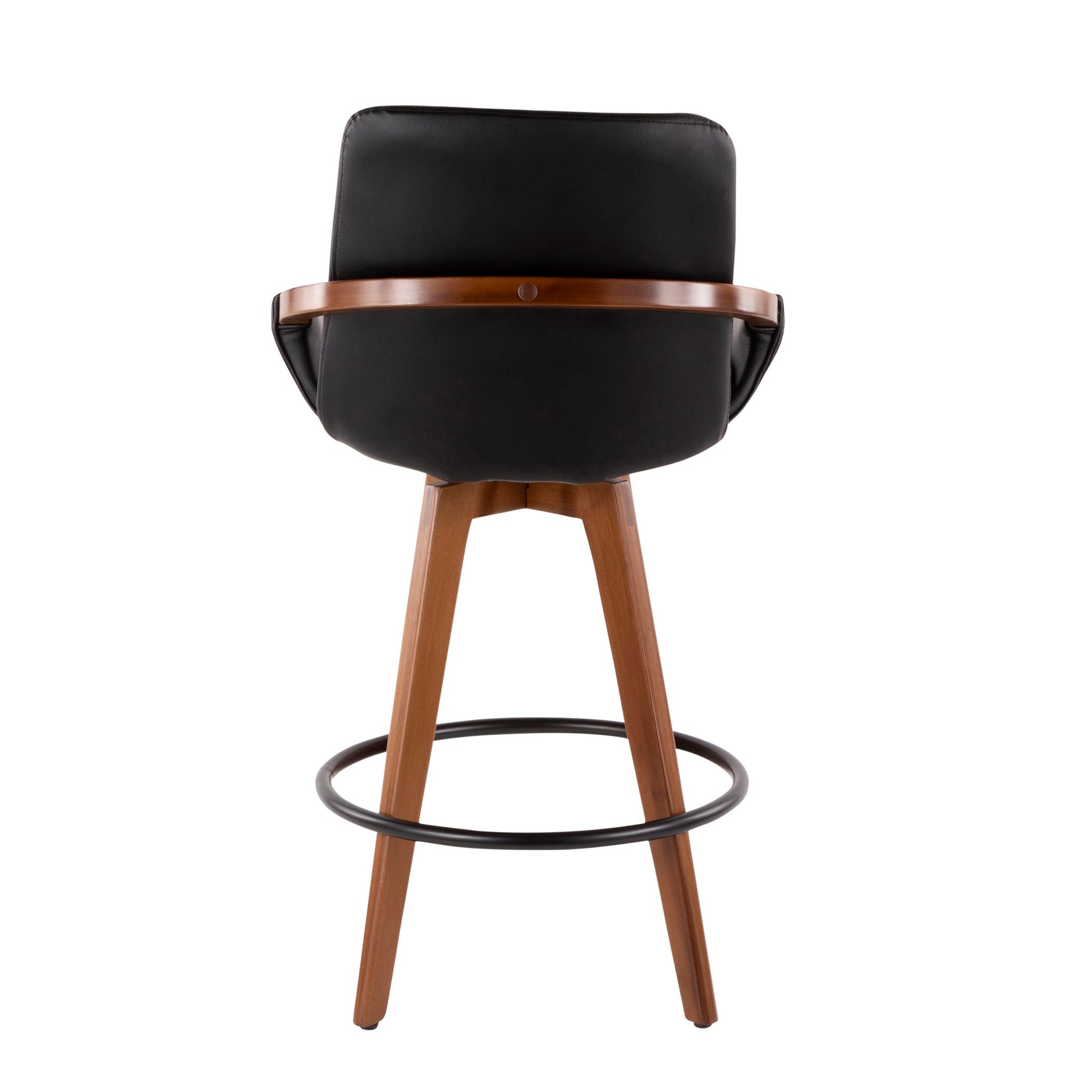 The Cosmo - Mid Century Counter Stool features a black cushioned backrest, wooden legs, a wooden circular back support, and a black metal footrest. Shown from the rear view.