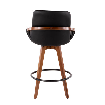 The Cosmo - Mid Century Counter Stool features a black cushioned backrest, wooden legs, a wooden circular back support, and a black metal footrest. Shown from the rear view.