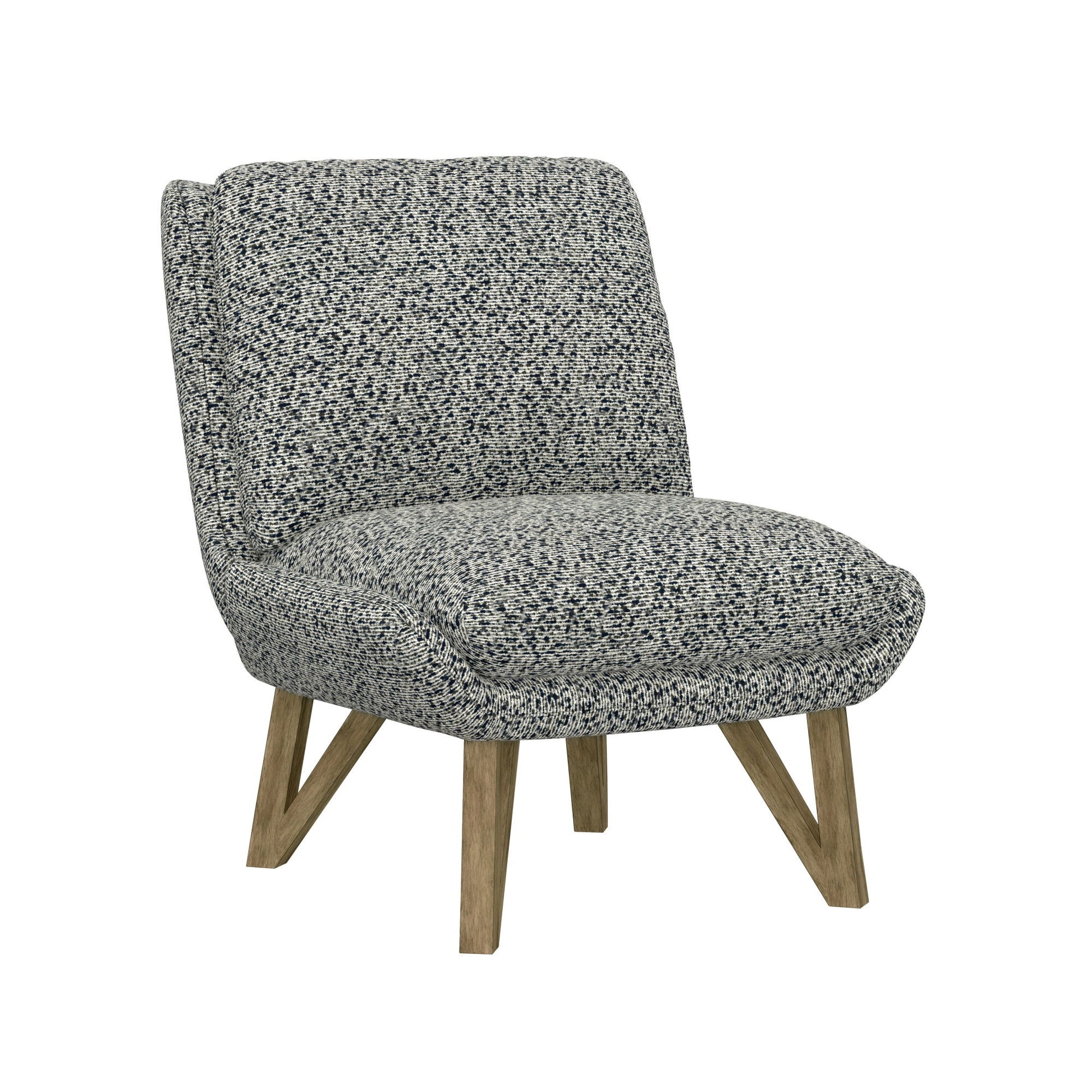 The Emerse Armless Accent Chair in blue features a cushioned seat and backrest, textured upholstery, and four angled wooden legs with a natural finish for a modern look.