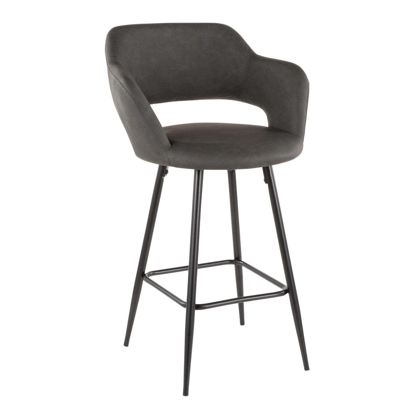 The Margarite Contemporary Counter Stool (Set of 2) features a curved dark gray cushioned seat, open lower back, and black metal legs with a footrest.