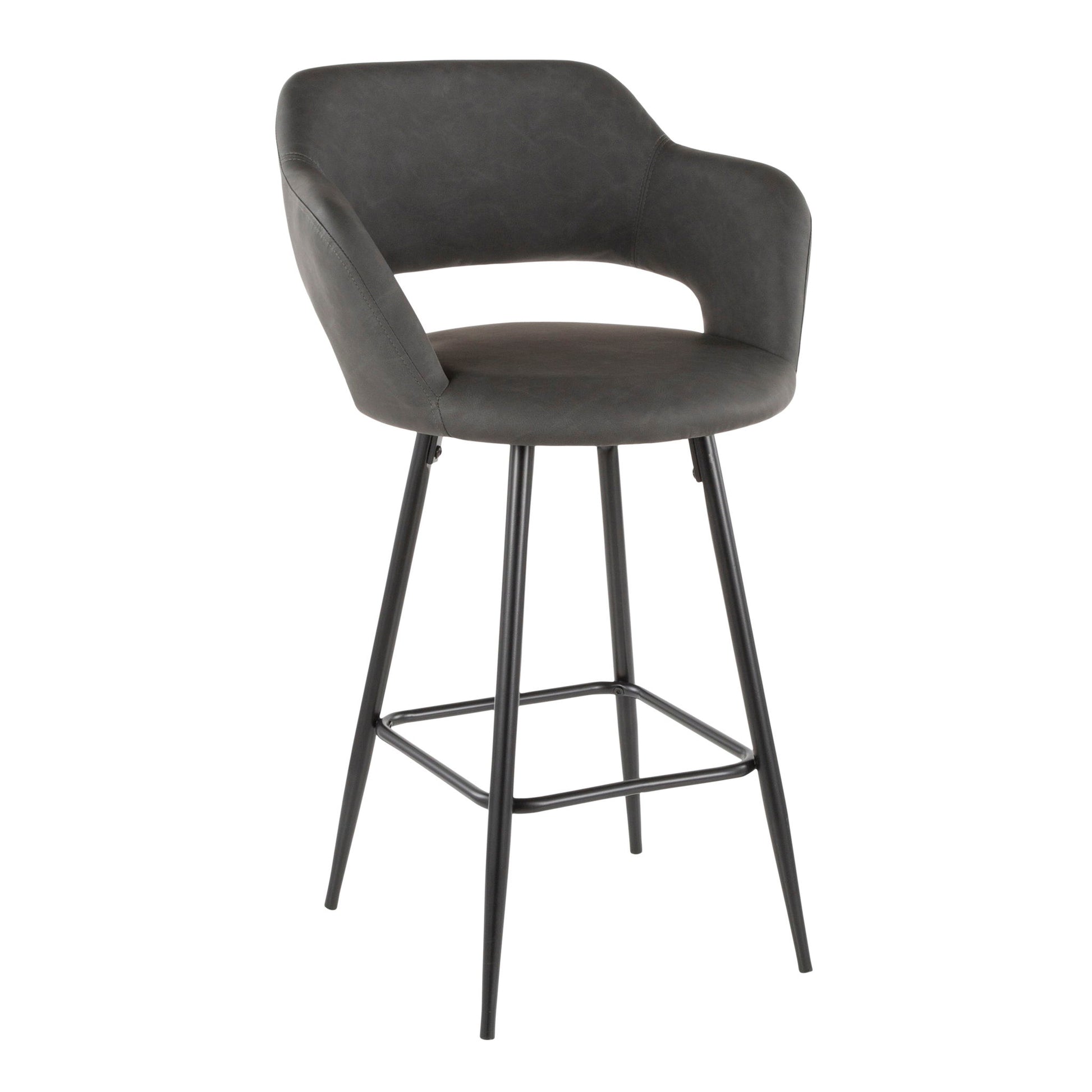 The Margarite Contemporary Counter Stool (Set of 2) features a curved dark gray cushioned seat, open lower back, and black metal legs with a footrest.