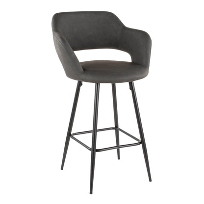 The Margarite Contemporary Counter Stool (Set of 2) features a curved dark gray cushioned seat, open lower back, and black metal legs with a footrest.