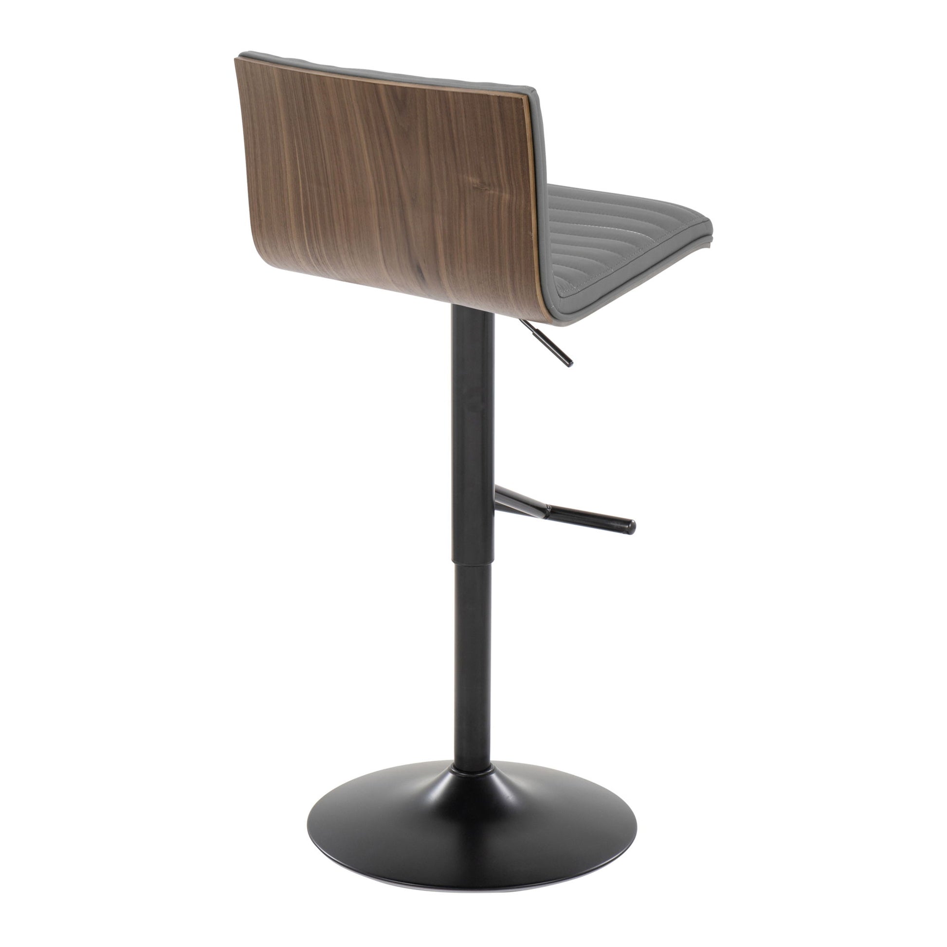 The Mason Contemporary Adjustable Barstool (Set of 2) features a round black metal base, height adjustment lever, straight T footrest, wooden curved backrest, and a padded dark-upholstered seat with vertical stitching. Swivel design adds modern style.