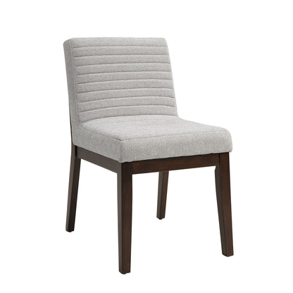 The Edwyn - Linen Side Chair (Set of 2) - Gray features a modern design with a light gray upholstered seat and backrest with horizontal stitching, four dark wooden legs, and no armrests.