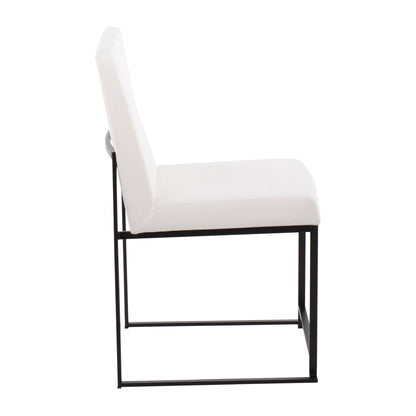 Side view of the Fuji - Contemporary Modern Elegance High Back Dining Chair (Set of 2), featuring a white cushioned seat and backrest on a minimalist black metal frame.
