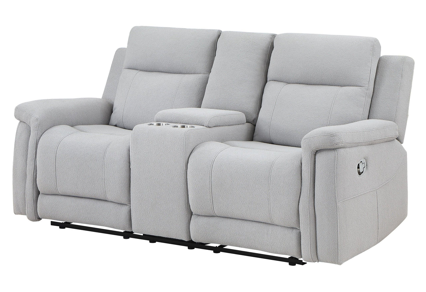 The Couch.com Eco Console Reclining Loveseat in gray features a modern, durable fabric design with plush cushioning, padded armrests, and a center console offering cup holders and storage for added convenience.