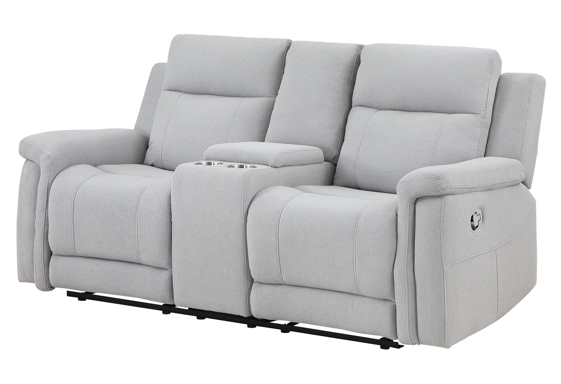 The Couch.com Eco Console Reclining Loveseat in gray features a modern, durable fabric design with plush cushioning, padded armrests, and a center console offering cup holders and storage for added convenience.