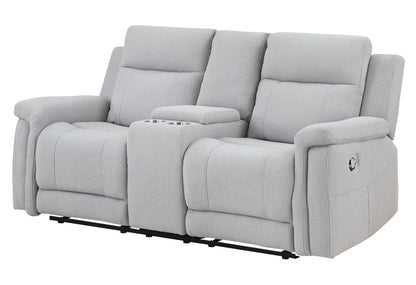 The Couch.com Eco Console Reclining Loveseat in gray features a modern, durable fabric design with plush cushioning, padded armrests, and a center console offering cup holders and storage for added convenience.
