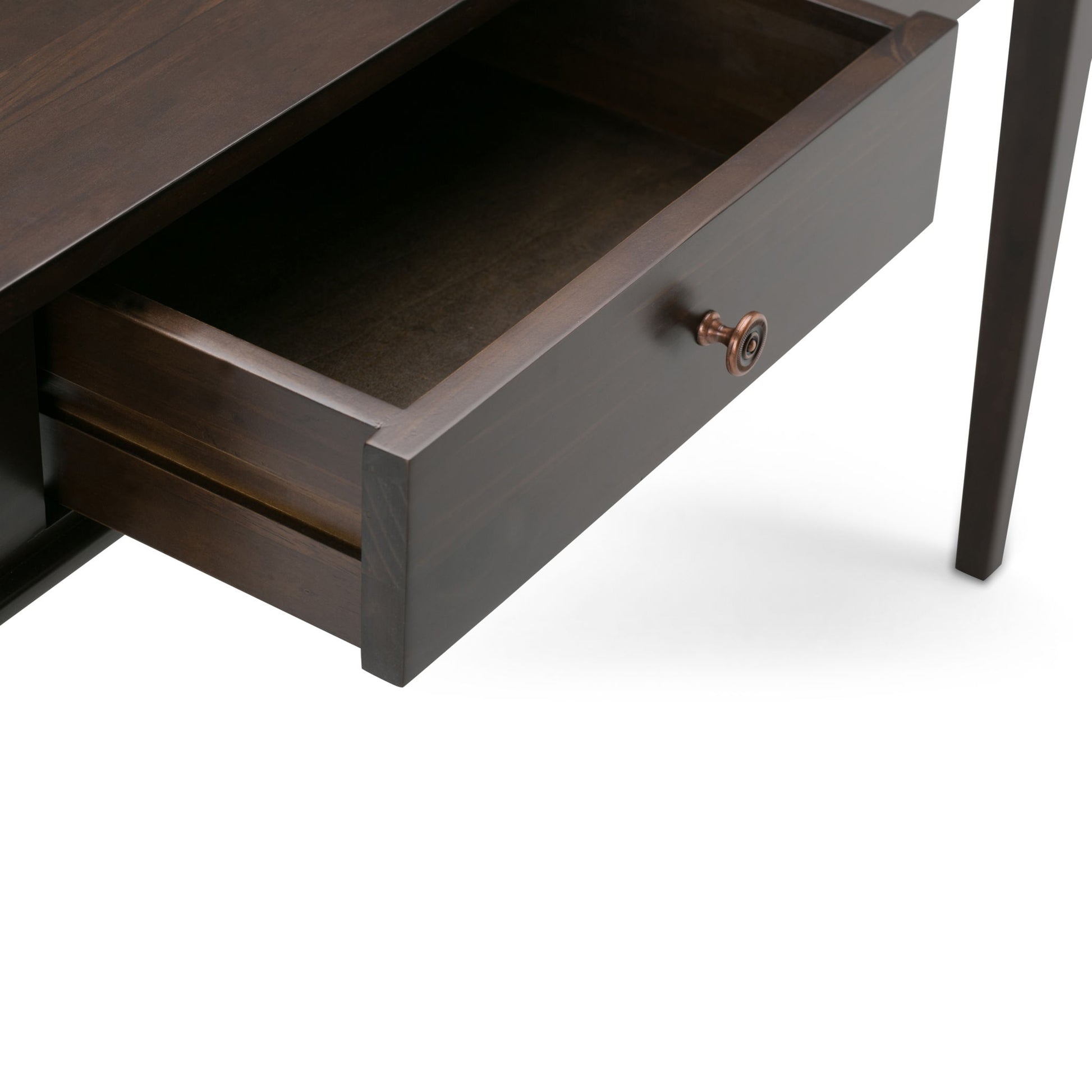 A close-up of the Carlton - Console Sofa Table in dark tobacco brown, featuring an open empty drawer with a round knob, tapered legs, and set against a white background.