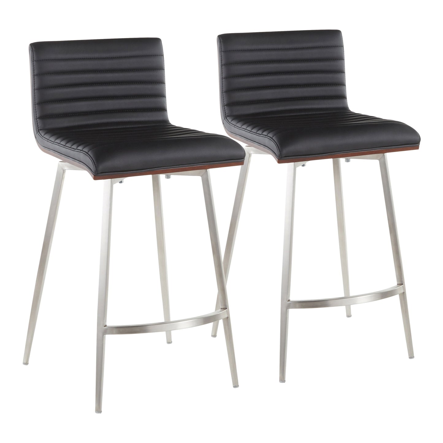 The Mason Contemporary Swivel Counter Stool (Set of 2) features black ribbed faux leather seats and backs, slim brushed metal legs, and footrests, shown side by side on a white background.
