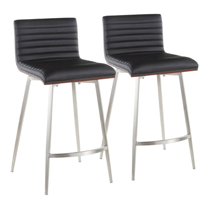 The Mason Contemporary Swivel Counter Stool (Set of 2) features black ribbed faux leather seats and backs, slim brushed metal legs, and footrests, shown side by side on a white background.