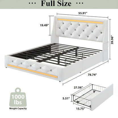 Wingback Upholstered Bed Frame With LED Lights, Charging Station