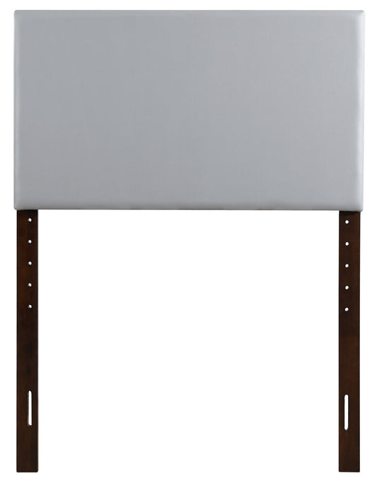 The Nova - Headboard is a rectangular, light gray upholstered piece featuring two dark wooden support legs, displayed against a white background.