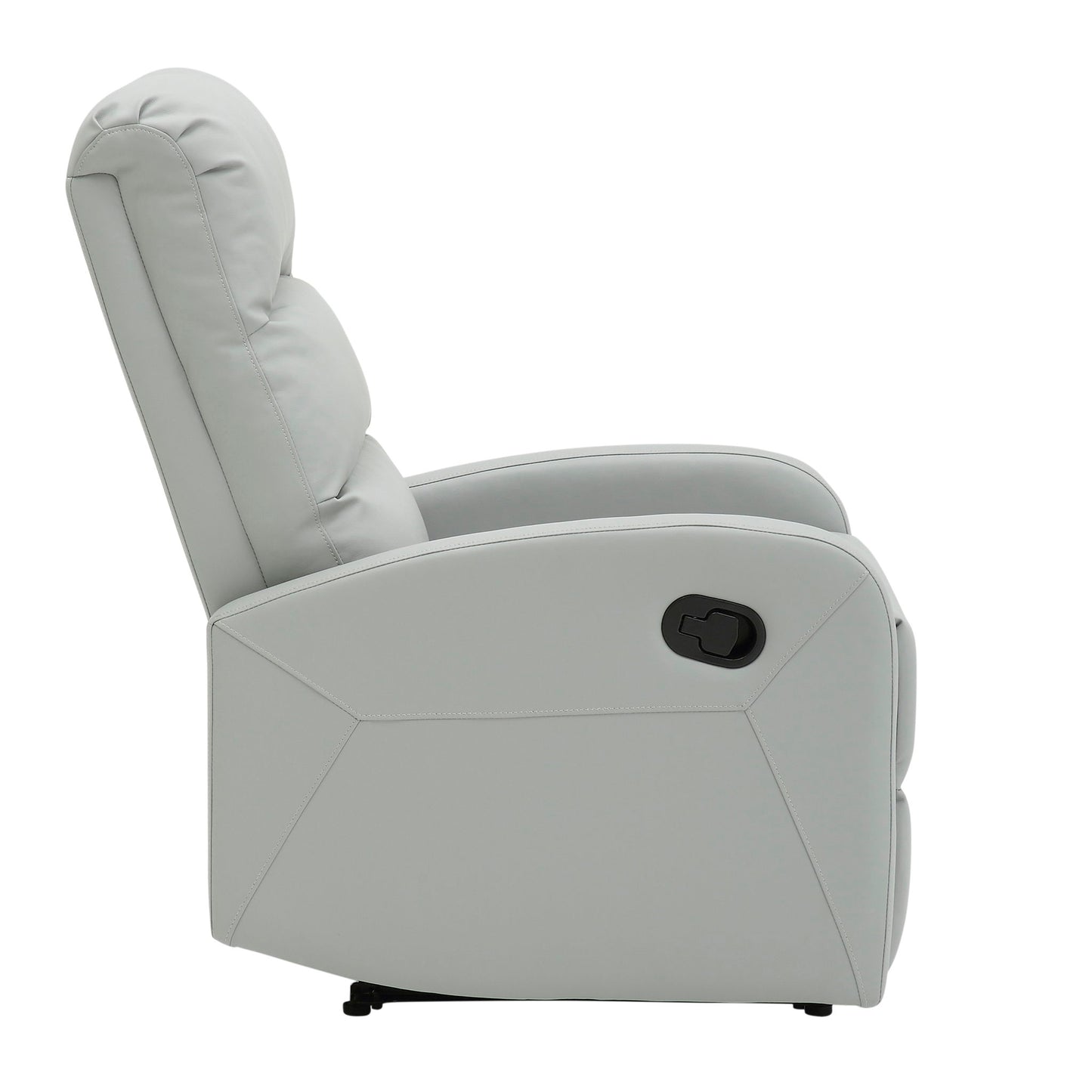 Side view of the Dormi - Contemporary Recliner Chair in light gray with cushioned upholstery and a black reclining lever on the outer side, shown against a white background.
