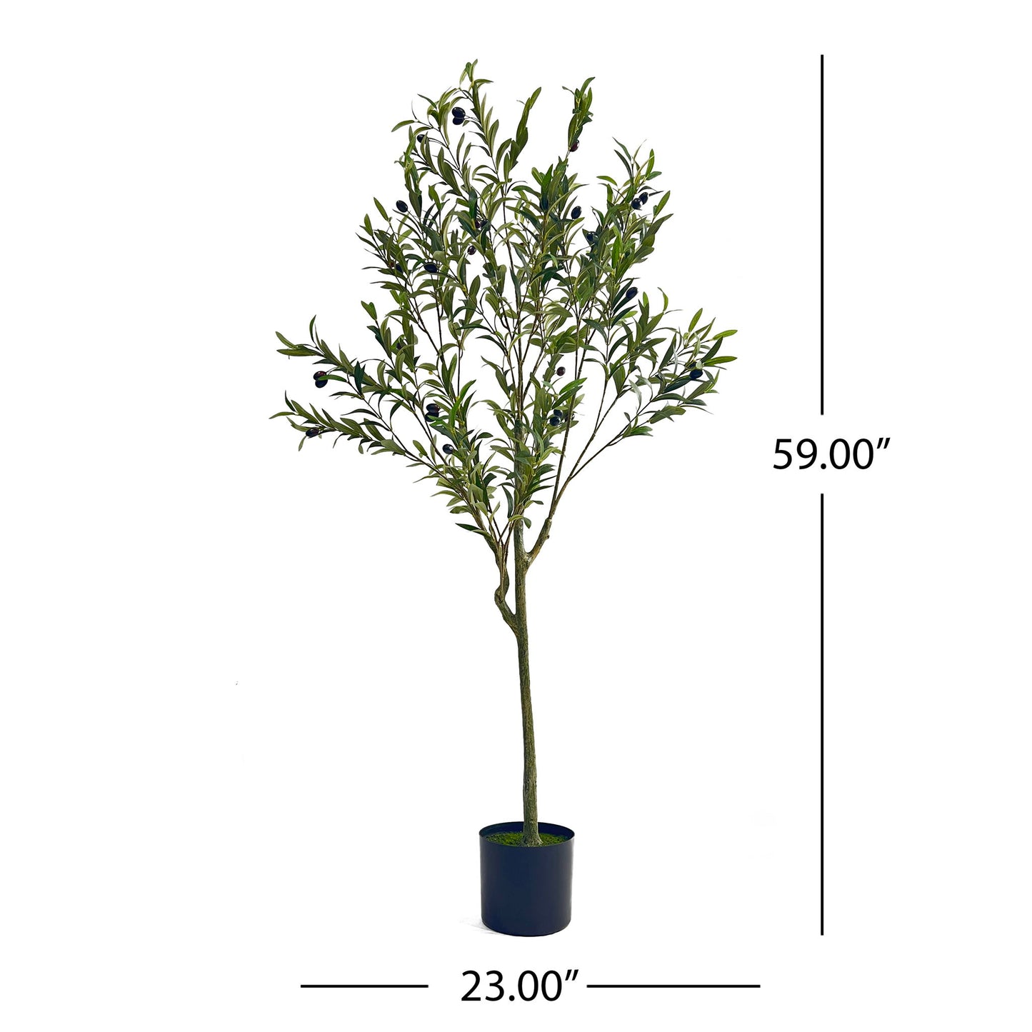 The Artificial Olive Tree, featuring green leaves and black olives, is displayed in a pot. Measurement lines indicate the tree stands 59 inches tall and 23 inches wide.
