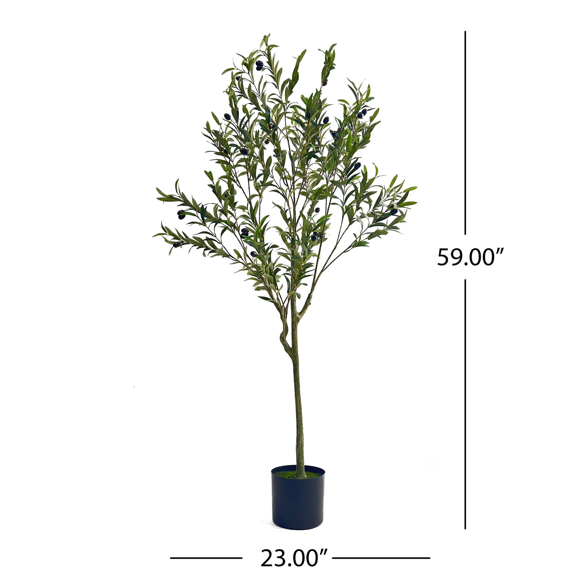 The Artificial Olive Tree, featuring green leaves and black olives, is displayed in a pot. Measurement lines indicate the tree stands 59 inches tall and 23 inches wide.