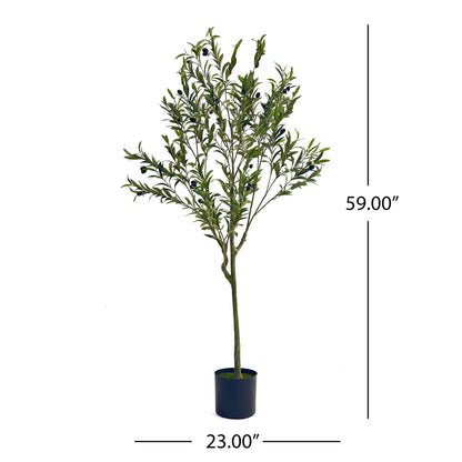 The Artificial Olive Tree, featuring green leaves and black olives, is displayed in a pot. Measurement lines indicate the tree stands 59 inches tall and 23 inches wide.